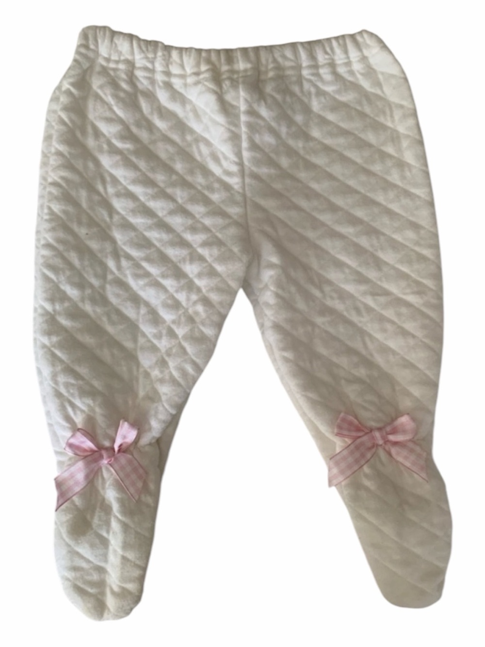 VTG Quilted Baby Footie Pants Baby Girl 3-6 Months Cream Pink Gingham Ribbon Bow